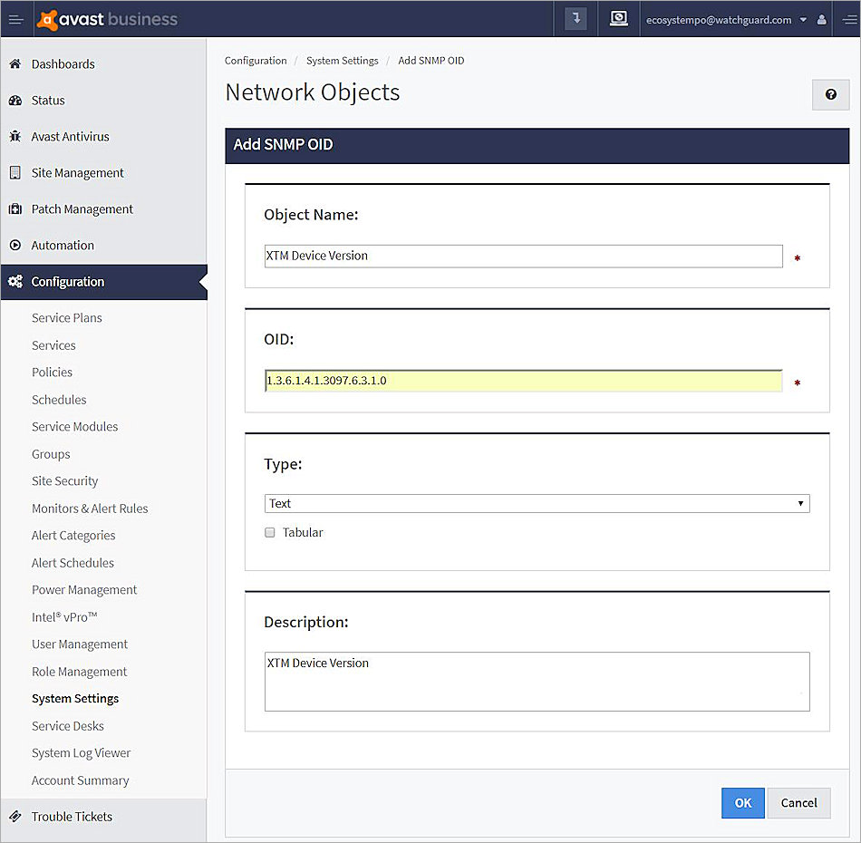 Screenshot of AVG Business Site Management, Configuration tab, Add SNMP OID dialog box
